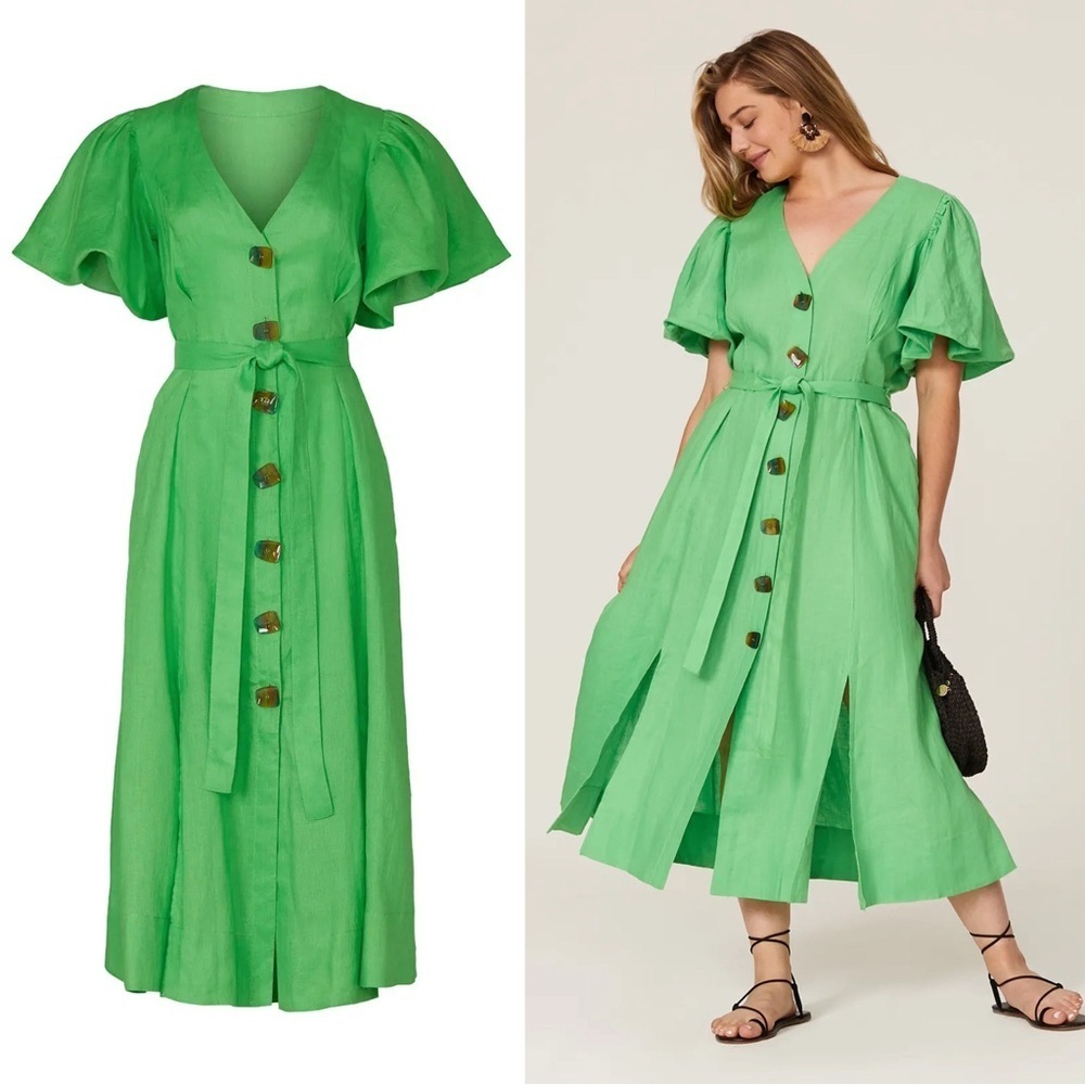 NICHOLAS • Troy Dress green linen midi puff sleeve tie waist button front